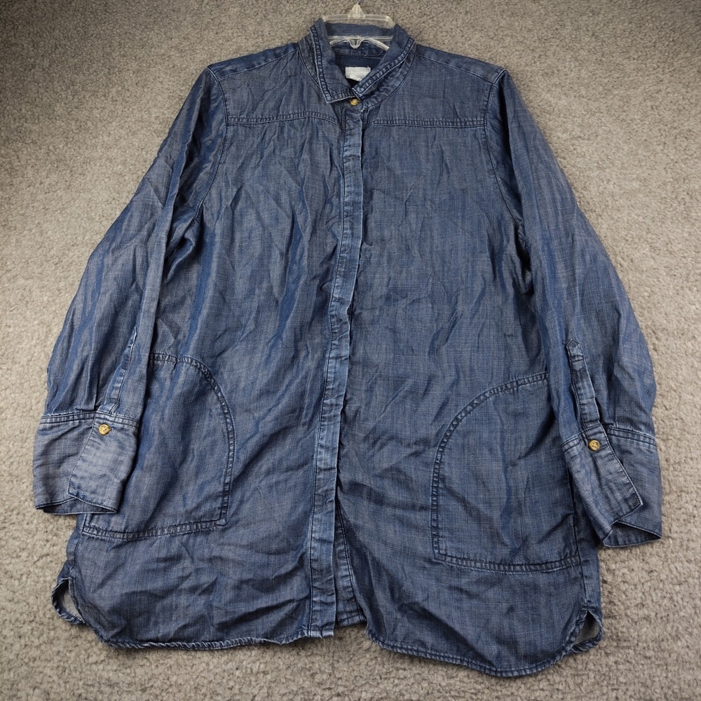 Chicos Button Up Shirt Sz 12 Tunic Chambray Blue Lyocell Pockets EUC